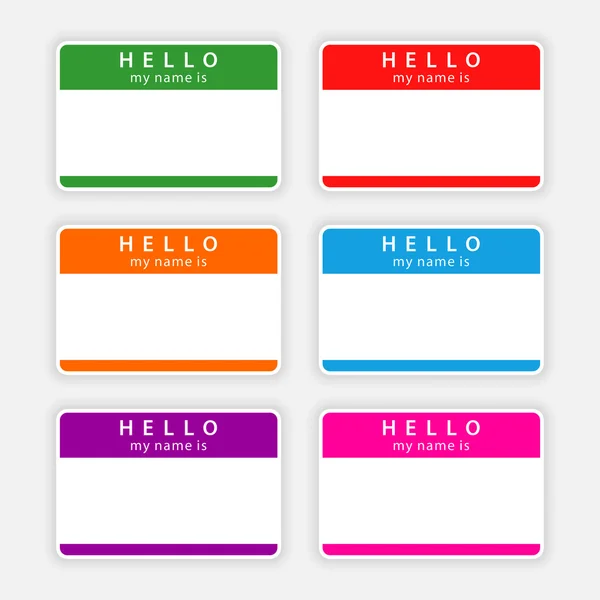 Etiqueta con el nombre de la placa HELLO mi nombre es. Etiqueta en blanco de colores con sombra sobre fondo gris — Vector de stock