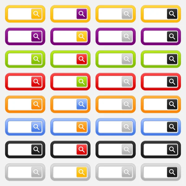 Moduli di ricerca Web e pulsante con icona lente d'ingrandimento. Variazioni colorate rettangolo arrotondato su sfondo grigio — Vettoriale Stock