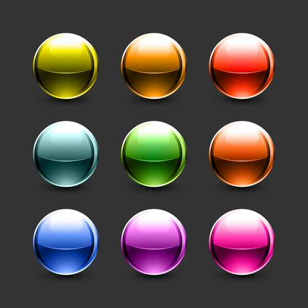 Glowing colorful metallic balls with drop black shadow on gray background — Stock Vector