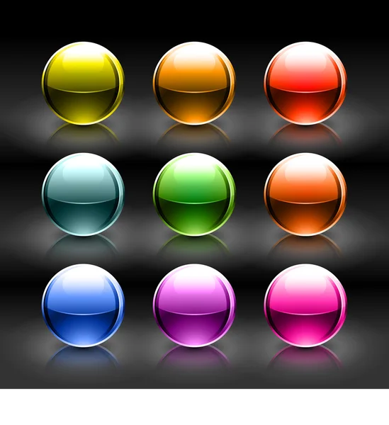 Colored glowing metallic balls with colorful reflection on black background. Vector illustration created and saved eps 10 — Stock Vector