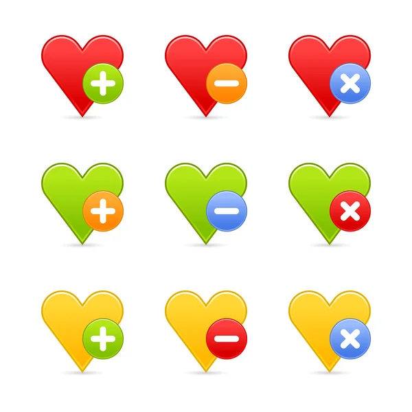 Gekleurde hart favoriete web 2.0 knop met schaduw. witte achtergrond. — Stockvector