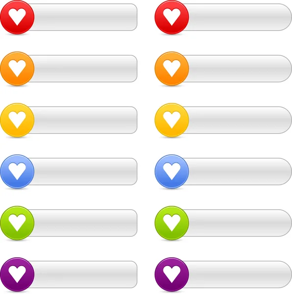 12 botones de color corazón signo web 2.0 paneles de navegación con sombra en blanco — Vector de stock