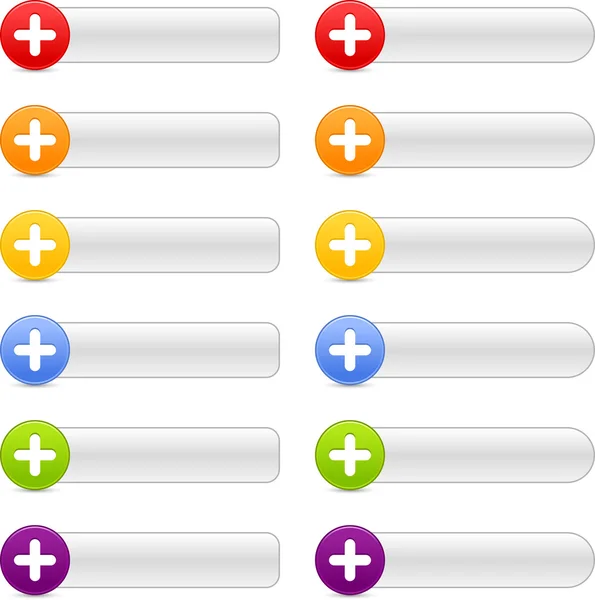 Bouton 12 coloré plus panneau de navigation web 2.0 signe avec ombre sur blanc — Image vectorielle