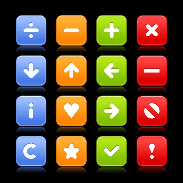 Group navigation web 2.0 square buttons of icons with reflection on black background — Stock Vector