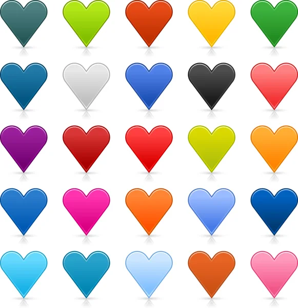 25 barevné srdce ikonu web 2.0 tlačítka se stínem a reflexe na bílém pozadí — Stockový vektor