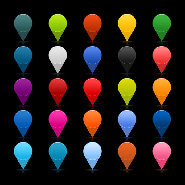 25 mapping pins icon web 2.0 buttons. Colored satined round shapes with reflection on black