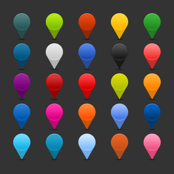 25 mapping pins icon web 2.0 buttons. Colored satined round shapes with shadow on gray