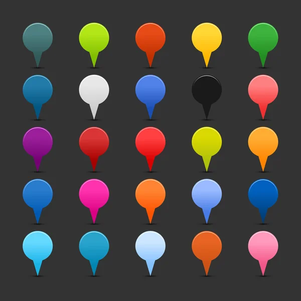 25 mapping pins icon web 2.0 buttons. farbig satinierte runde Formen mit Schatten auf grau — Stockvektor