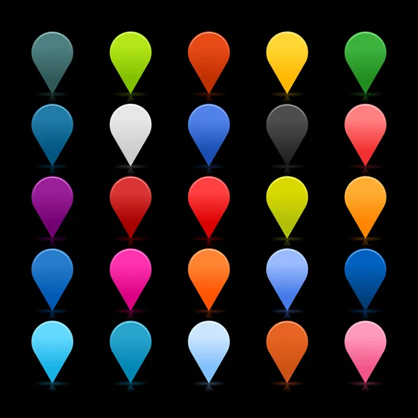 25 mapping pin icona web 2.0 pulsanti. Forme rotonde satinate colorate con riflesso sul nero — Vettoriale Stock