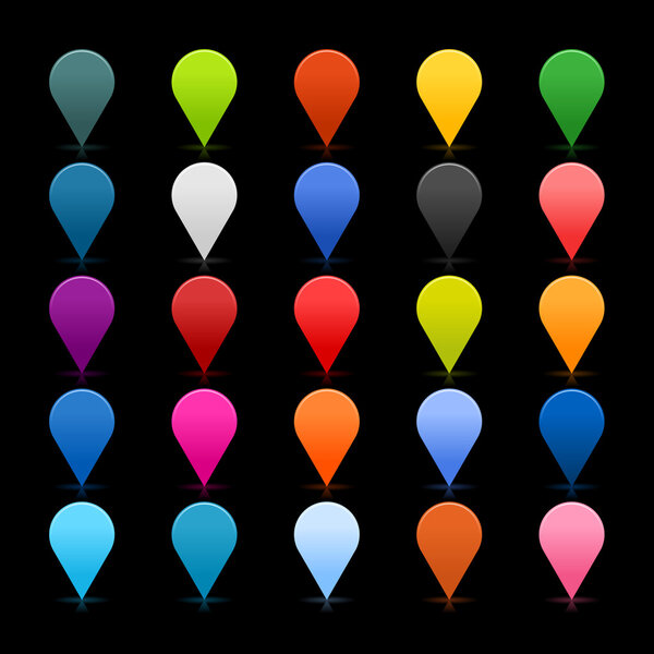 25 mapping pins icon web 2.0 buttons. Colored satined round shapes with reflection on black