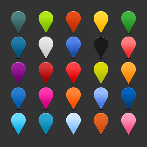 25 mapping pins icon web 2.0 buttons. Colored satined round shapes with shadow on gray