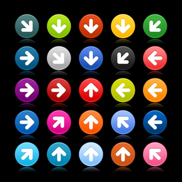 Bouton web 2.0 satiné 25 avec icône de flèche. Forme ronde colorée avec réflexion sur fond noir — Image vectorielle
