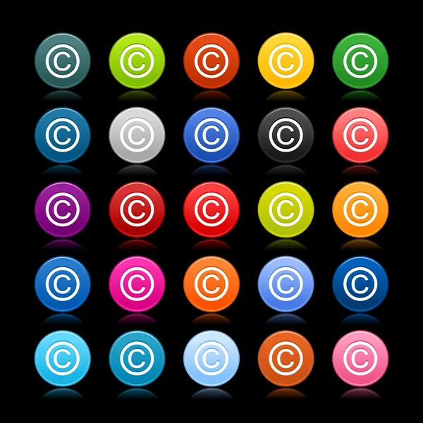 25 satinado botón web 2.0 con signo de copyright. Forma redonda coloreada con reflexión sobre fondo negro — Vector de stock