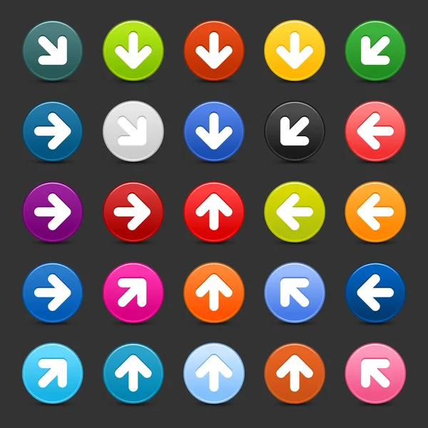 Bouton web 2.0 satiné 25 avec icône de flèche. Formes rondes colorées avec ombre noire sur fond gris — Image vectorielle