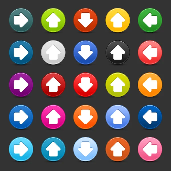 25 насыщенная кнопка Web 2.0 со знаком стрелки. Цветные круглые фигуры с тенью на сером фоне — стоковый вектор
