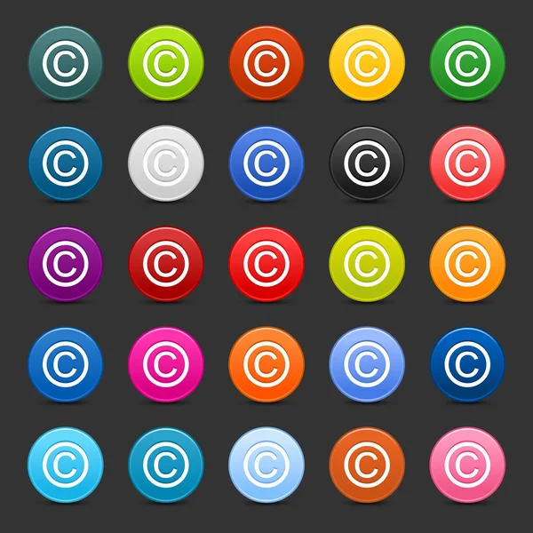 25 satinado botón web 2.0 con signo de copyright. Formas redondas coloridas con sombra sobre fondo gris — Vector de stock