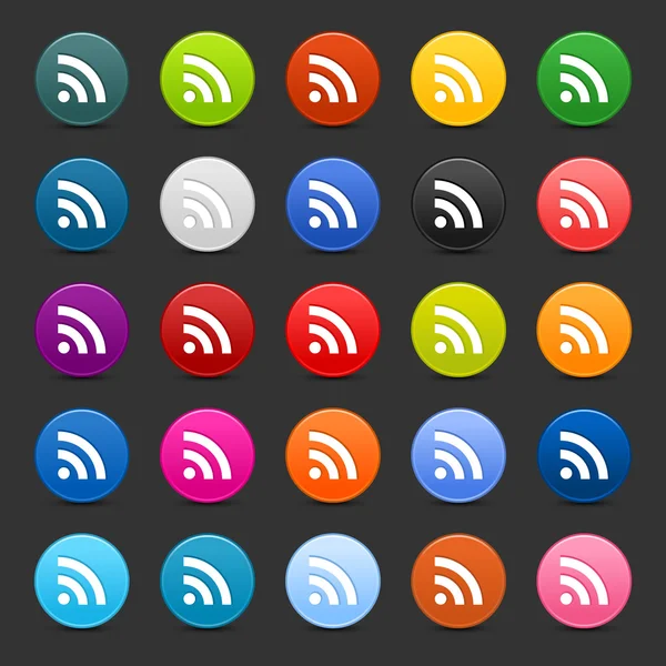 25 satined web 2.0 knappen med RSS-skylt. färgglada runda former med skugga på grå bakgrund — Stock vektor