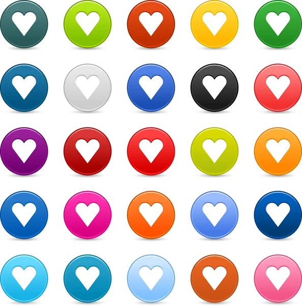 25 satinado botón web 2.0 con signo de corazón. Formas redondas de colores con sombra sobre blanco — Archivo Imágenes Vectoriales
