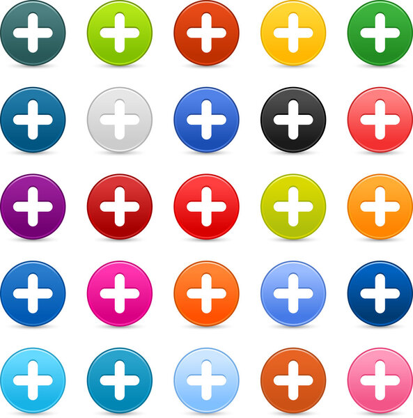 25 satined web 2.0 button with plus sign. Colorful round shapes with shadow on white background