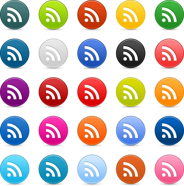 25 satinado botón web 2.0 con signo RSS. Formas redondas coloridas con sombra sobre fondo blanco — Archivo Imágenes Vectoriales