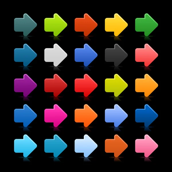 25 einfache Pfeilzeichen Web 2.0 Symbol. farbige Taste mit Reflexion auf schwarzem Hintergrund — Stockvektor
