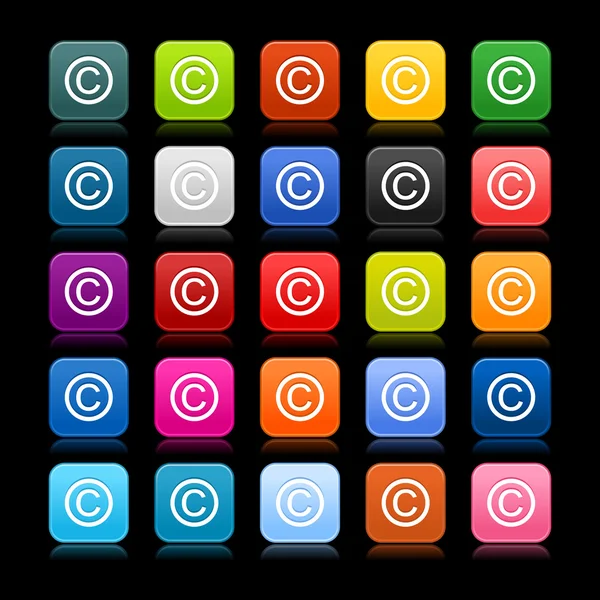 Botón suave web 2.0 con signo de copyright sobre fondo negro. Formas cuadradas redondeadas de color con reflexión . — Vector de stock