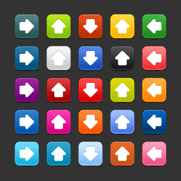 25 гладкой спутниковой паутины 2.0 кнопки со стрелкой символ. Цветные округлые квадратные фигуры с тенью на сером фоне — стоковый вектор