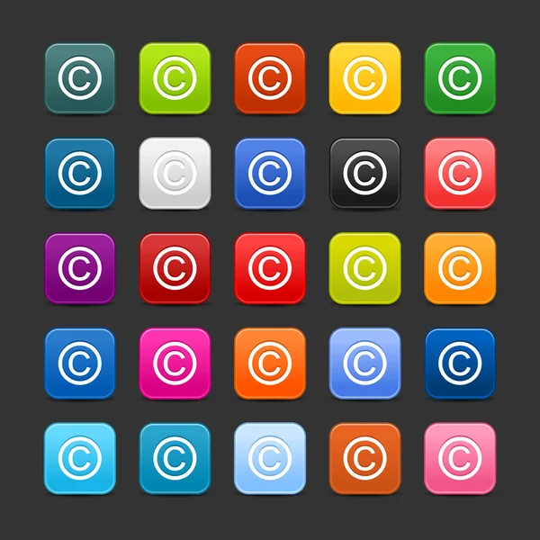 25 smooth satined web 2.0 button with copyright sign. Colorful rounded square shapes with shadow on gray background — 스톡 벡터