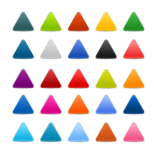 25 colored blank triangle web 2.0 button. Smooth satined shapes with shadow on white background — Stock Vector