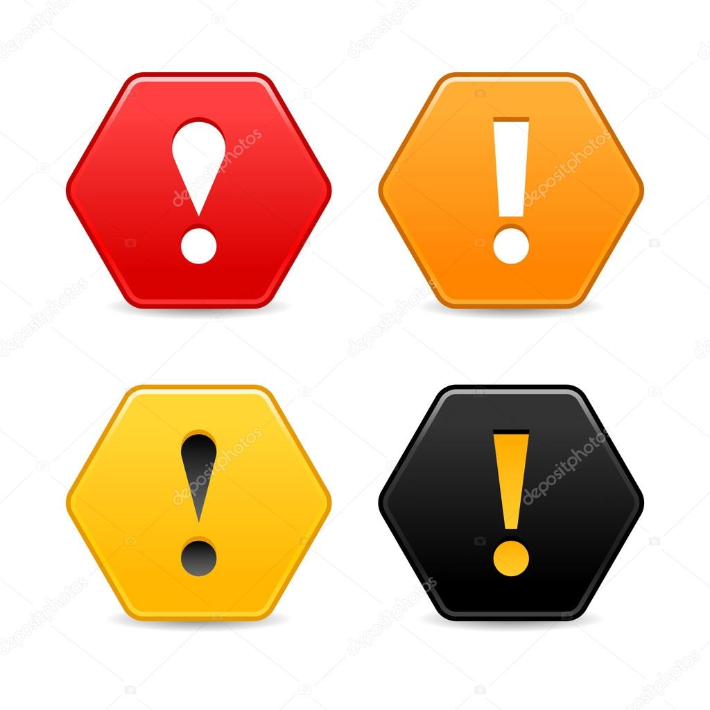 Warning attention icon with exclamation mark sign. Colored hexagon shape web 2.0 button with shadow on white