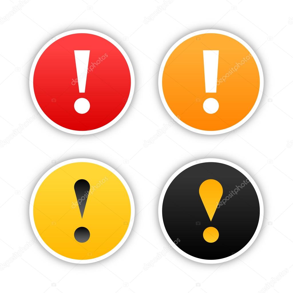 Colored attention stickers with exclamation mark and drop shadow on white. 10 eps