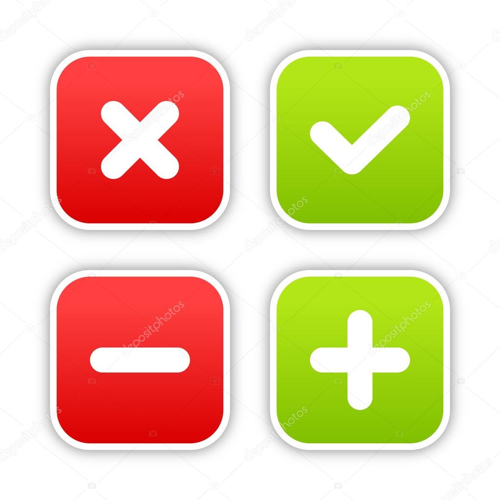 4 web 2.0 buttons of validation icons. Colored smooth shapes with shadow on white.