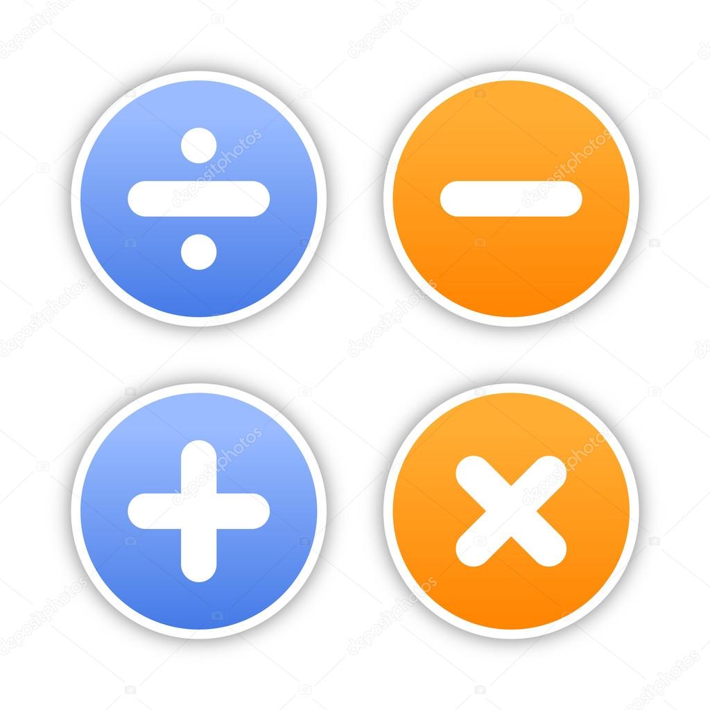 Satin round web 2.0 buttons with math symbols. Colored shapes with shadow on white.