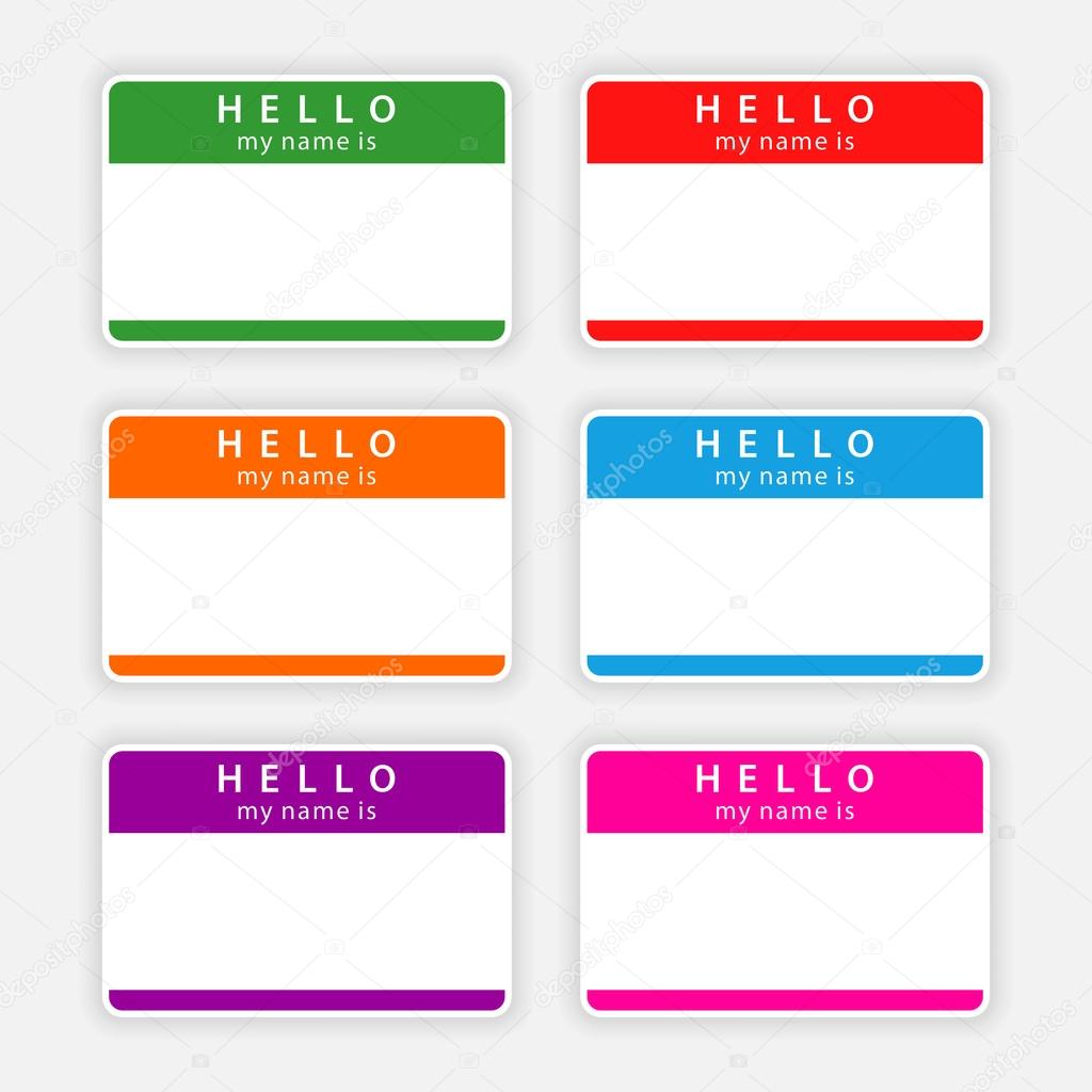 Badge name tag HELLO my name is. Colorful blank label with shadow on gray background