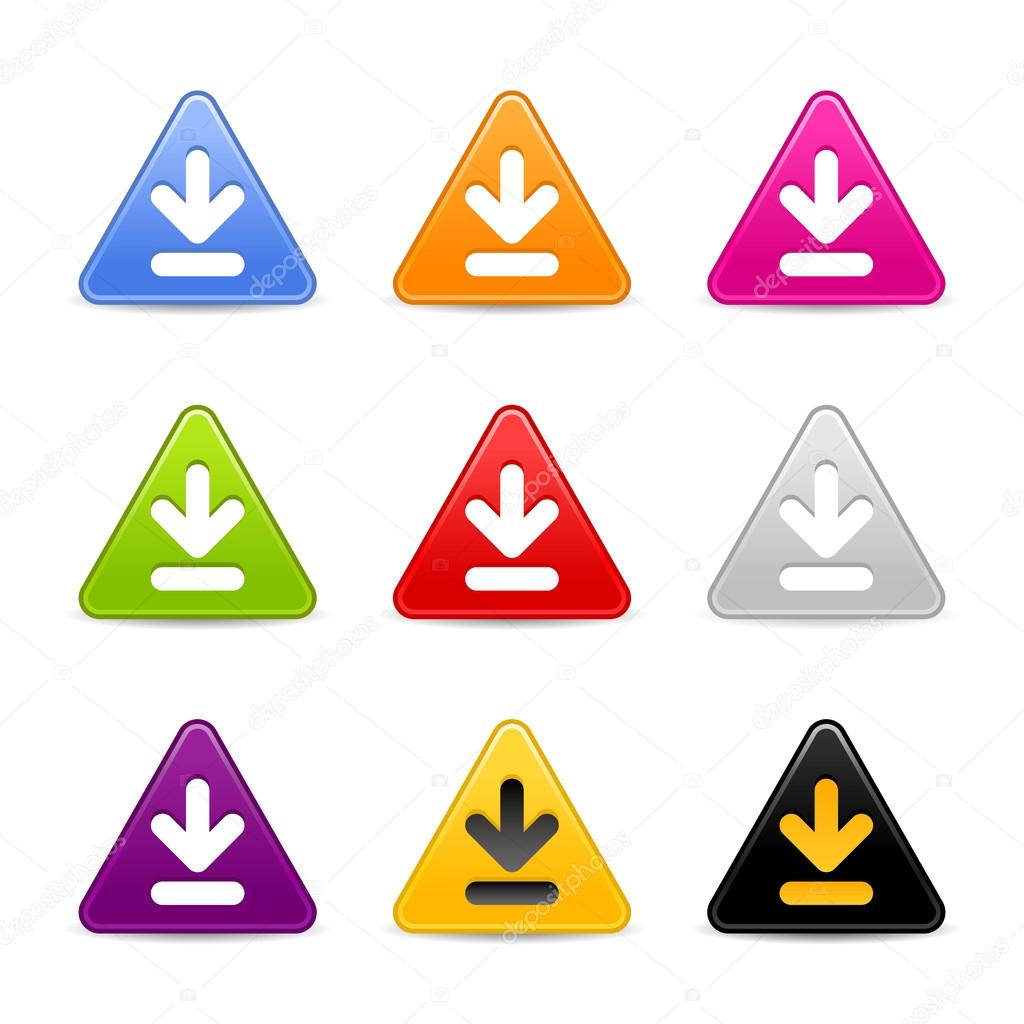 Satined download web 2.0 icon. Colored triangle buttons with shadow on white background