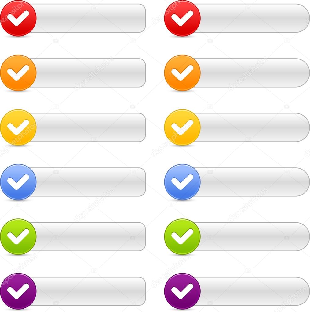 12 colored button check mark sign web 2.0 navigation panels with shadow on white