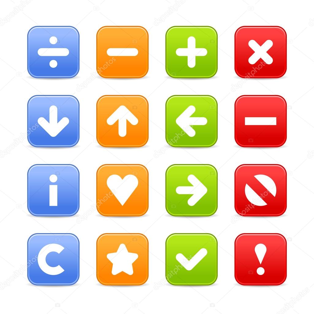 Navigation square web 2.0 buttons set of icons with shadow on white background.