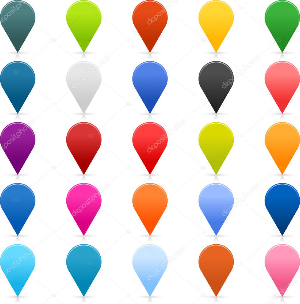 25 mapping pins icon web 2.0 buttons. Colored satined round shapes with shadow on white