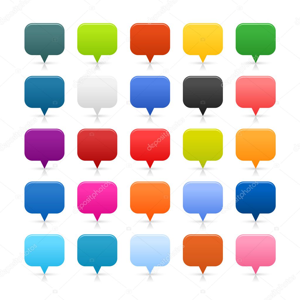 Matted colored mapping pins square web buttons with shadow and reflection on white