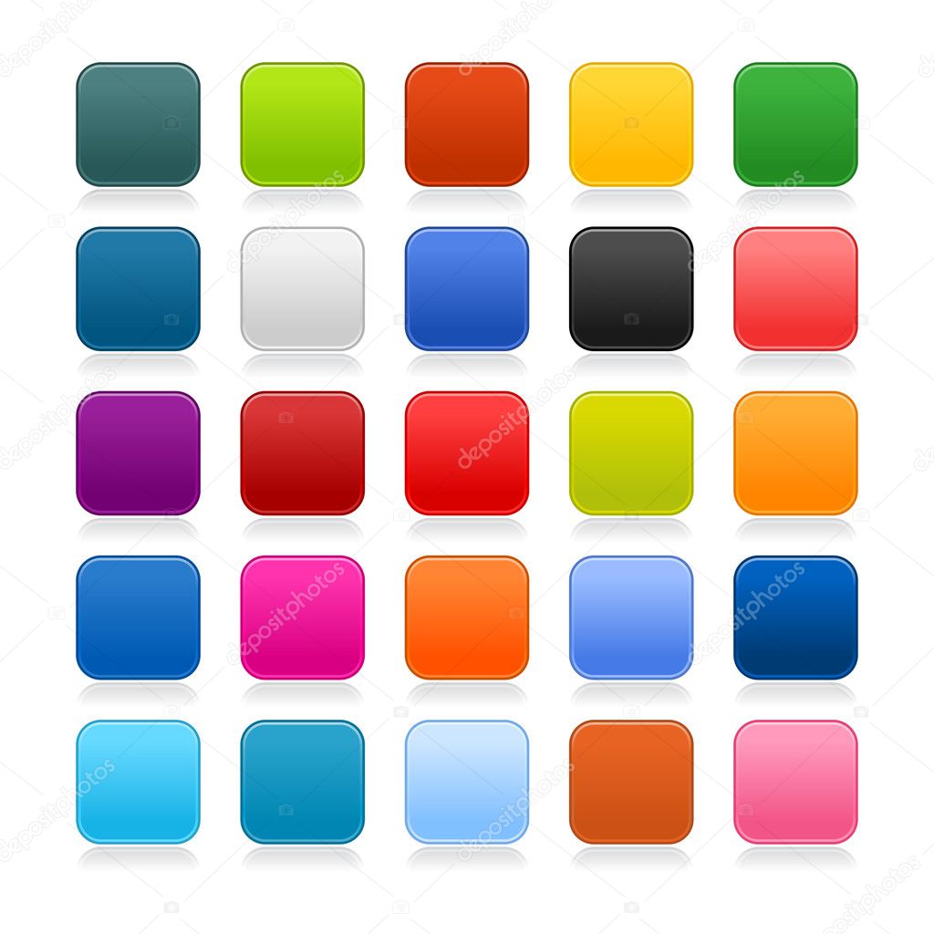 Colored matted blank rounded squares buttons with shadow on white
