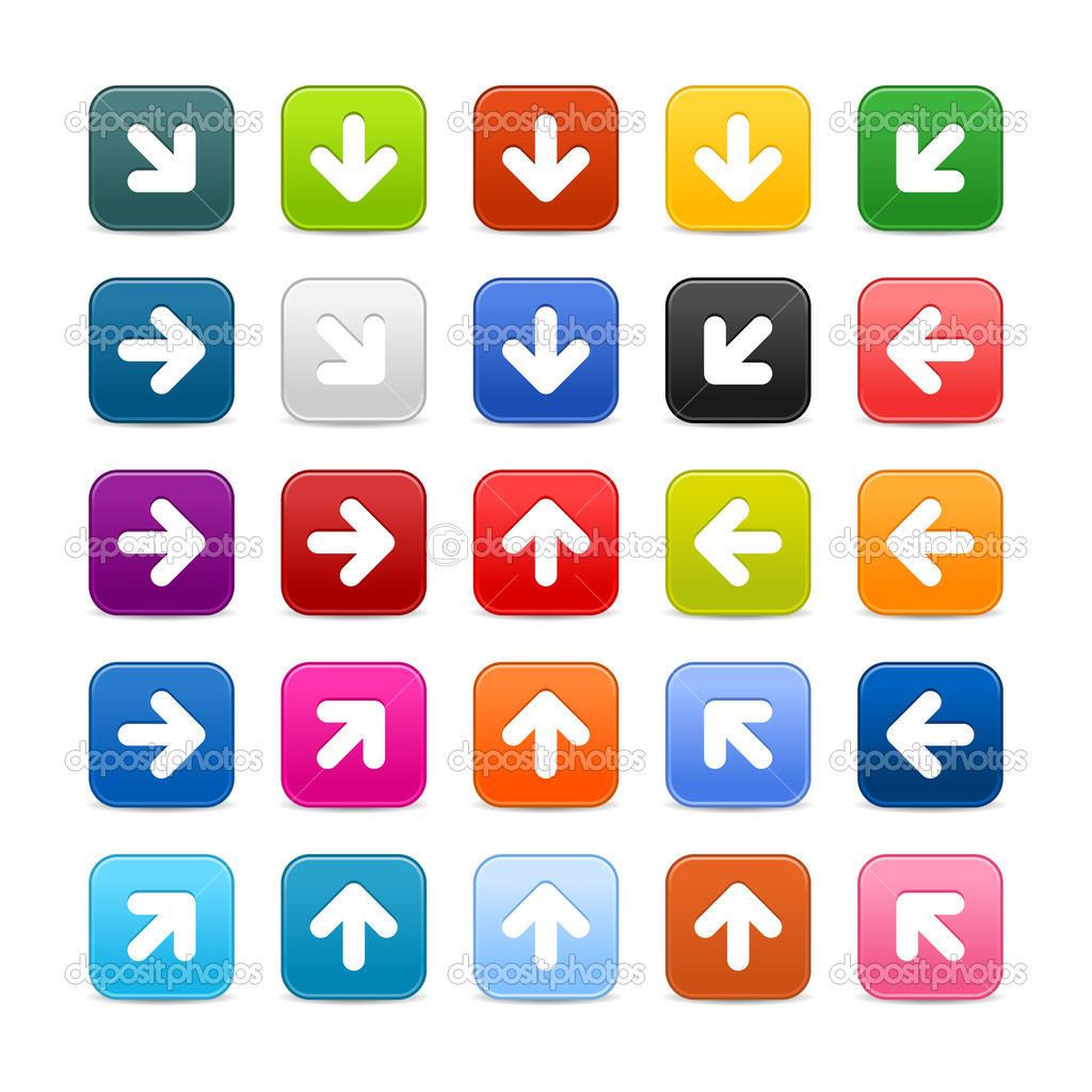 25 smooth satined web 2.0 button with arrow sign on white background. Colored rounded square shapes with shadow