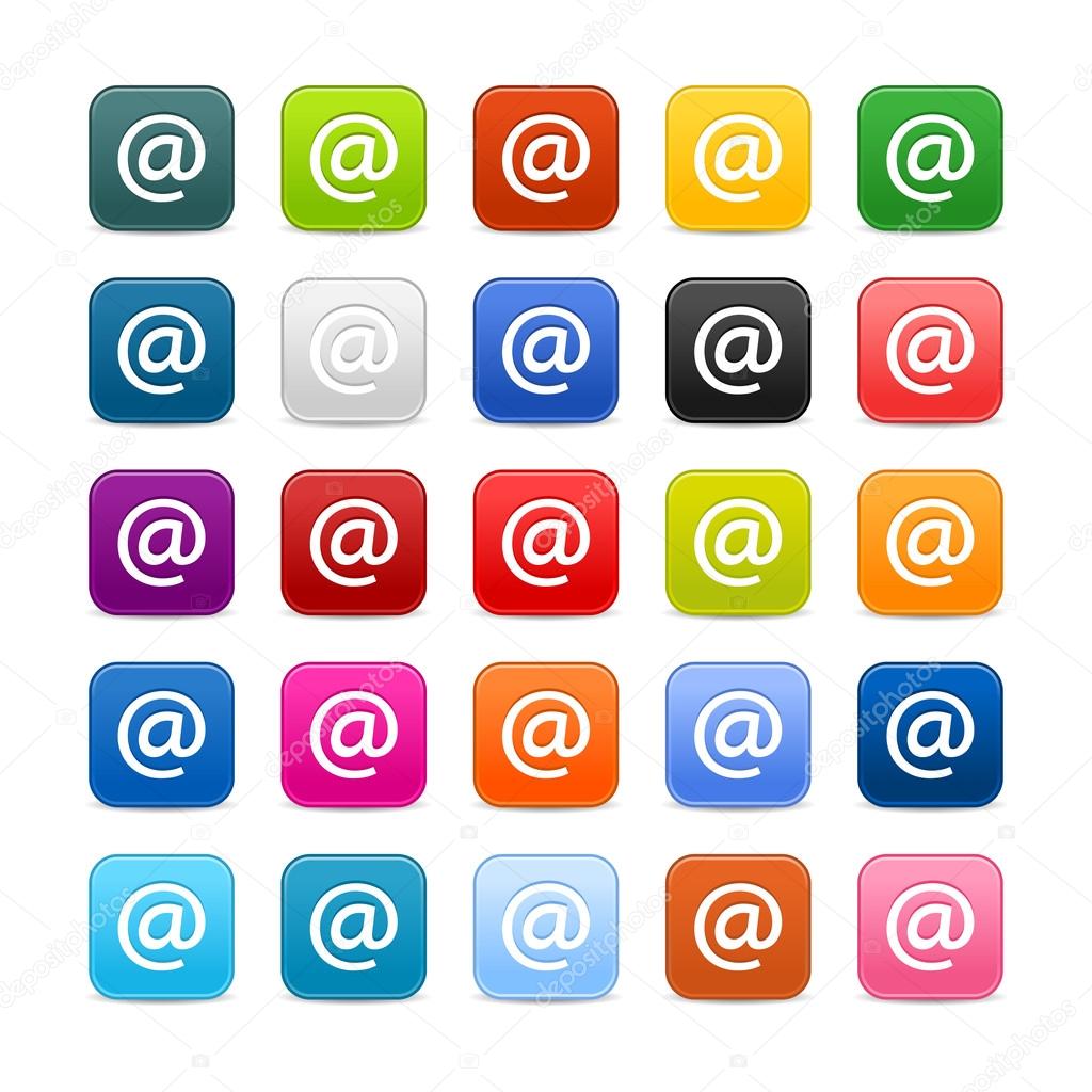 25 smooth satined web 2.0 button with at sign on white background. Colored rounded square shapes with shadow
