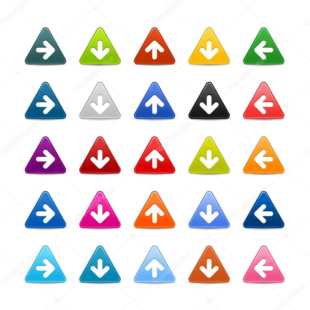 25 triangular web buttons with arrow sign. Colored satin smooth icon with shadow on white