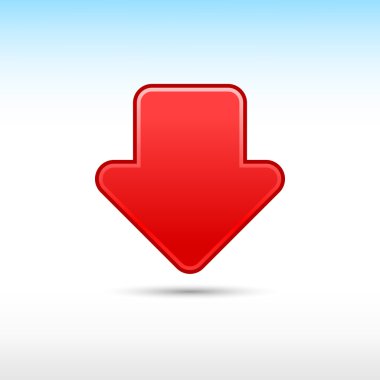 Kırmızı web 2.0 düğme ok simgesi download işareti ile gölge beyaz zemin üzerine