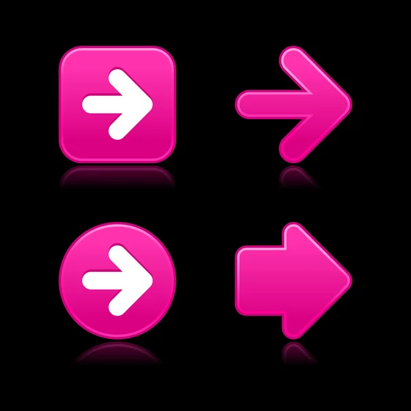 4 rosa web 2.0 pulsante freccia simbolo. Forme lisce satinate con riflesso su sfondo nero . — Vettoriale Stock