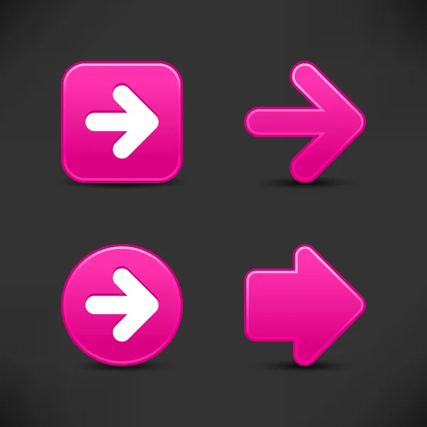 4 pink web 2.0 button arrow symbol. Satin smooth shapes with reflection on black background. — Stock Vector