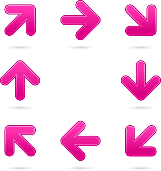 Ροζ βέλος ομαλή κουμπί web 2.0 σημαδιών. πολύχρωμα σχήματα με σκιά σε άσπρο φόντο — Διανυσματικό Αρχείο