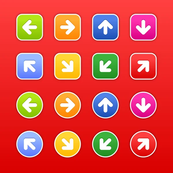 Kleur stickers met pijl teken. cirkels en afgeronde vierkante vormen met slagschaduw op donkere rode achtergrond. Deze vectorillustratie opgeslagen in 10 eps — Stockvector