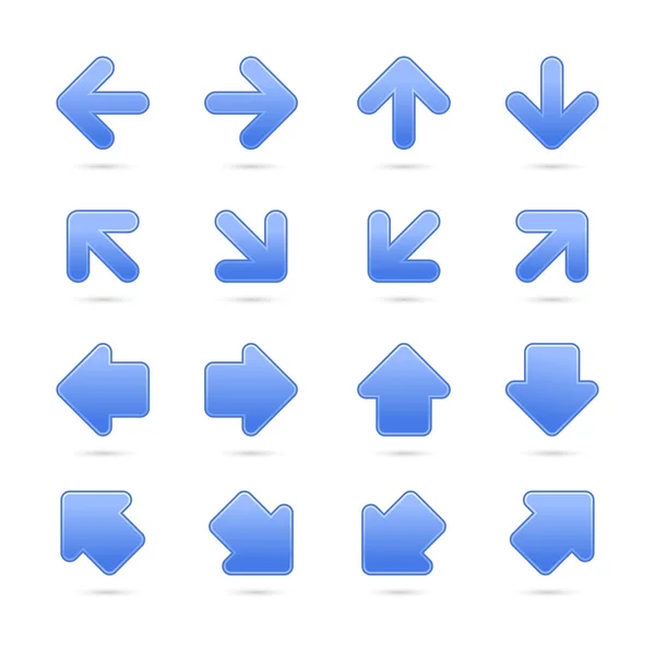 Cobalto freccia segno adesivo pulsante web. Forme di raso bianco con ombra di goccia grigia su sfondo bianco. Illustrazione vettoriale salvata in EPS 10 . — Vettoriale Stock