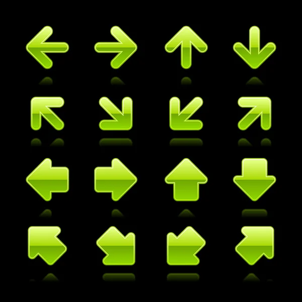 クォーツウォッチの緑色の矢印記号 web 2.0 ボタン黒の背景に反射 — ストックベクタ
